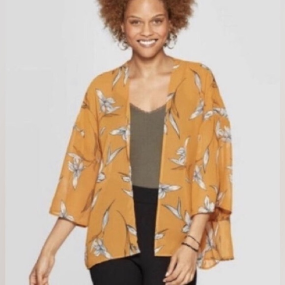 A New Day Marigold Floral Open Pleated Back Sheer Kimono Top One Size Fits Most - Picture 5 of 5